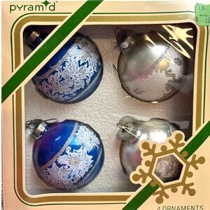 Pyramid Glitter Poinsettia Glass Christmas Ornaments Set of 4 Vintage Made USA